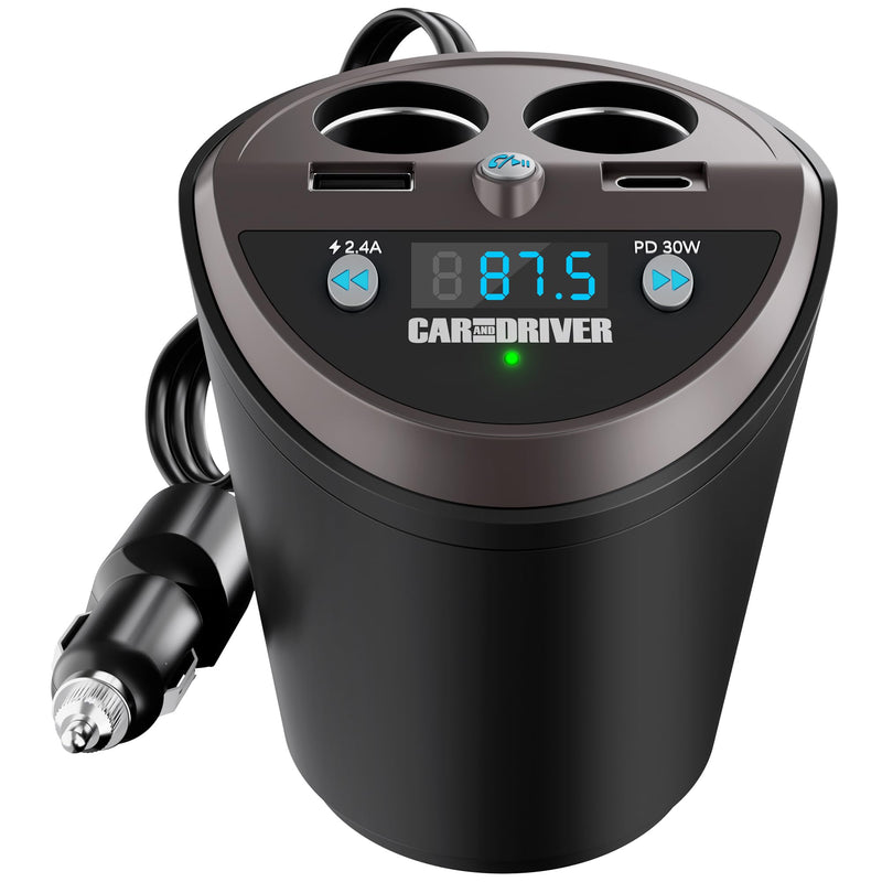 Car and Driver Smart FM Transmitter Bluetooth Cup Holder, Compatible with Alexa, Siri, and Google Assistant for Car, Dual USB-A and USB-C PD Fast-Charging Ports and Cigarette Lighter 12V Power Sockets 6057