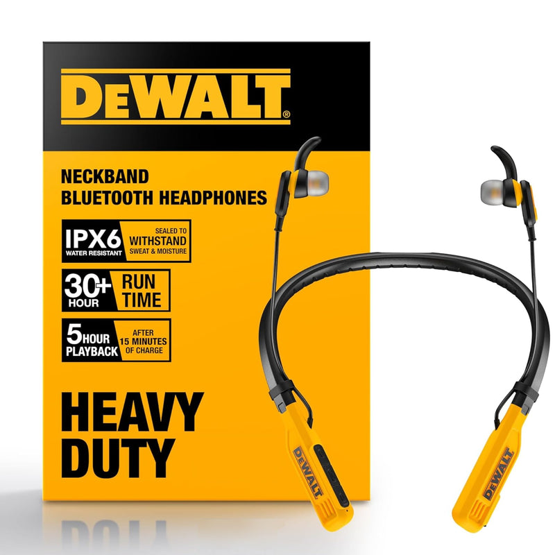 DEWALT Heavy Duty Bluetooth Neckband Headphones, Wireless Around The Neck Earbuds w/ 30H Runtime + Noise Isolation, Secure Magnetic Wireless Earbuds, Jobsite Pro Built-in Mic Bluetooth Headsets Yellow