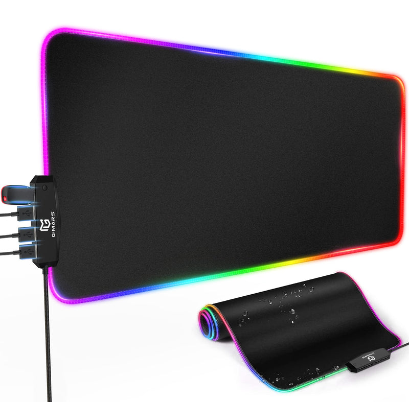 Gimars RGB Gaming Mouse Pad with 4 USB Hubs, 15 LED Light Modes Mouse Pad, Extra Large，Non-Slip Rubber Base, Waterproof Desk Pad for Desk Laptop Computer, PC Games, Office Black-RGB+Usb Port