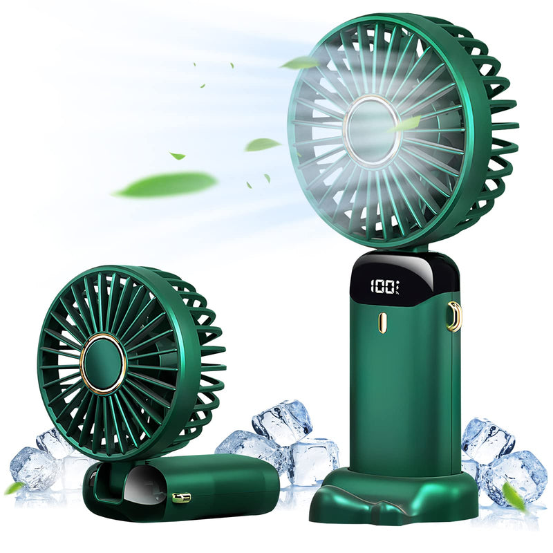 Handheld Fan, Mini Fan Portable Fan 5000 mAh with 5 Speeds, Battery Operated Hand Fan with LED Display, Personal Fan Desk Fan 11-21Hs Working Time for Office Bedroom Outdoor Travel Camping-Green Green