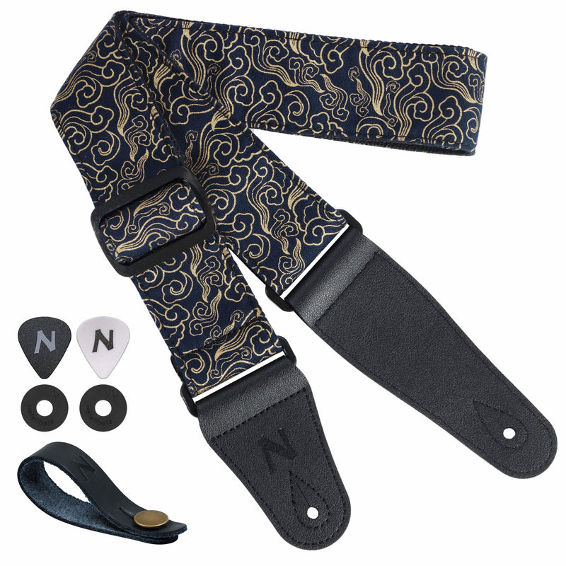 Nefelibata Guitar Strap Japan Printed Cotton Original Design Adjustable Guitar Strap with Long Leather Ends,Include Strap Button,Guitar Picks and Strap Locks(Auspicious Cloud) Auspicious Cloud