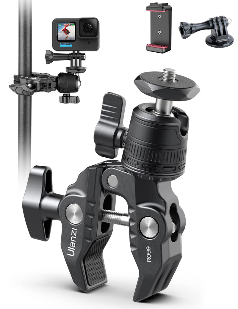 Camera Clamp Mount Accessories for Gopro - ULANZI R099 Super Clamp Ball Head Mount 1.5kg/3.3lb Loading Metal Bike Motorcycle Handlebar Attachments for DSLR Gopro Hero 5/6/7/8/9/10/11 Black/Insta 360 Gopro/Phone Mount