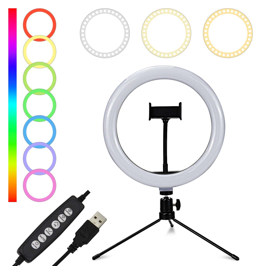 10.2" Ring Light with Tripod，7 Colors RGB LED Ring Light for Cell Phone with Holder & Camera Remote Shutter for Makeup/ Live Stream/YouTube/Tiktok/Photography Desktop Tripod