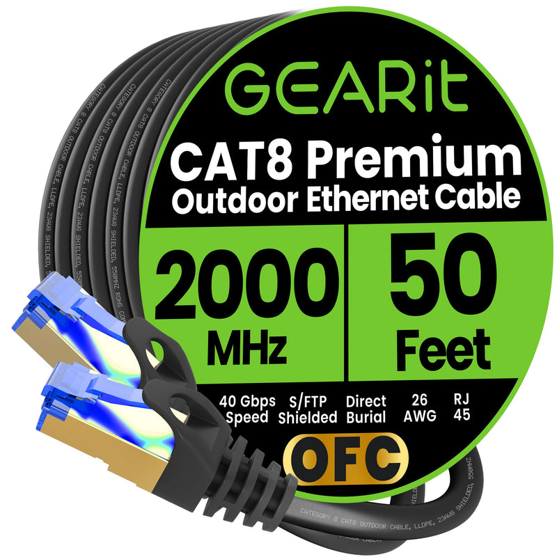 GEARit Cat8 Outdoor Ethernet Cable (50 Feet) Waterproof, Direct Burial, In-Ground, LLDPE UV Jacket, Pure Copper, 26AWG, 40Gbps 2000Mhz SFTP Patch Cord, POE, Network, Internet, Cat 8 Cable - 50ft Round Cable - Cat 8 Black 50 Feet