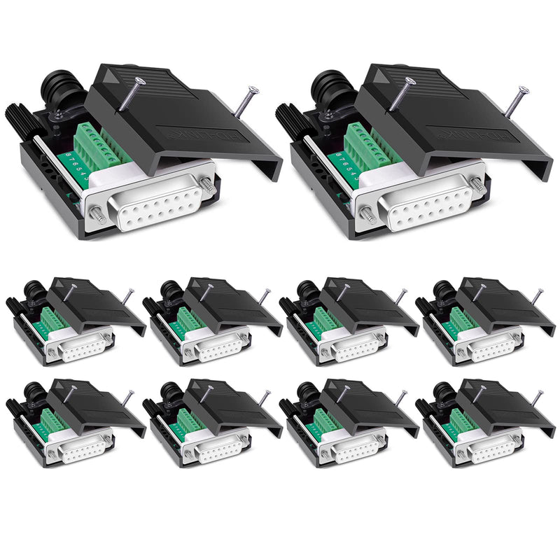 10PCS DB15 Solderless Serial to 15 pin Terminal Female Adapter | 16mm Thinner, RS232 Terminal Female Adapter, Breakout Board, with Case Long Bolts Nuts, 10PCS Female 10PCS Thin Female