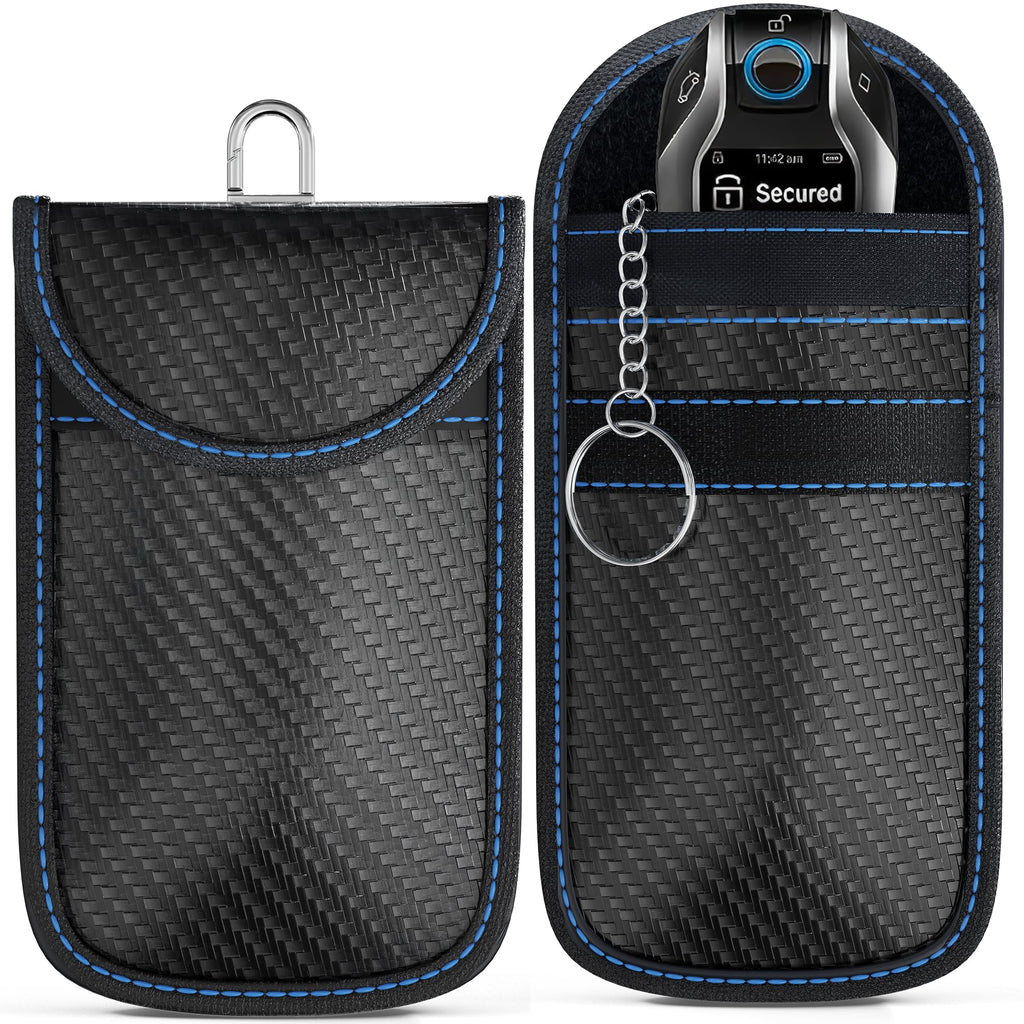 Faraday Bag for Key Fob (2pack), One-Size-Fits-All, Premium Quality Royal Blue Stitching Faraday Key Fob Protector, RFID Key Fob Protector Case, Faraday Pouch Carbon Blue twin pack