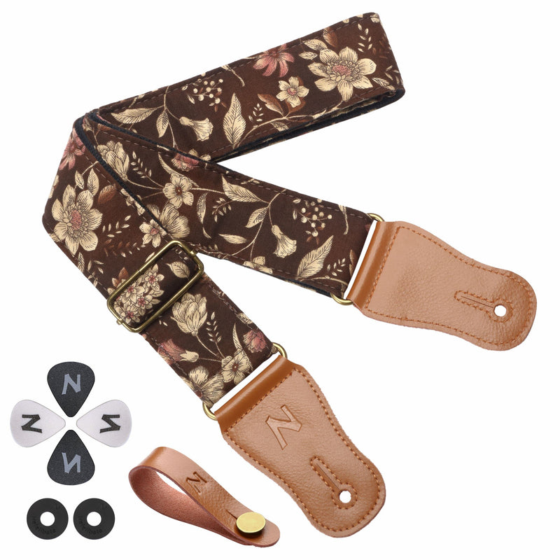 Nefelibata Cotton Guitar Strap for Acoustic Guitar, Ukulele, Headstock Strap Adapter, Guitar Picks and Strap Locks Adjustable from 38" to 64" E# - Pomegranate Flower