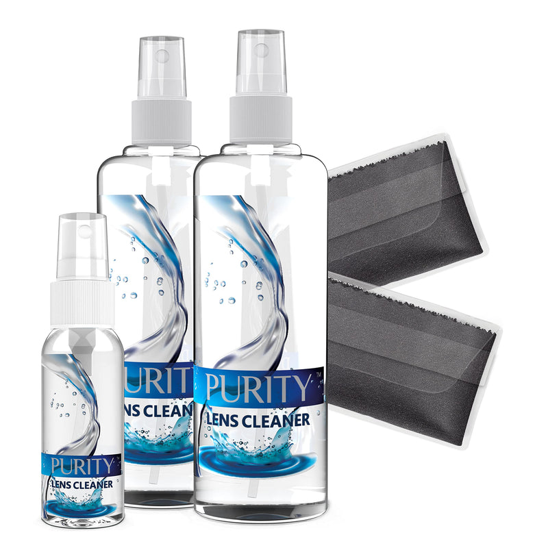 Purity Eyeglass Lens Cleaner Kit - 2 x 8oz and 1 x 2oz Lens Cleaner Spray Bottle + 2 Microfiber Cleaning Cloths - Safe for All Lenses (AR Coated Included), Eyeglasses and Screens - Clear 8oz x 2oz Lens Spray + 2 Microfiber Cloth