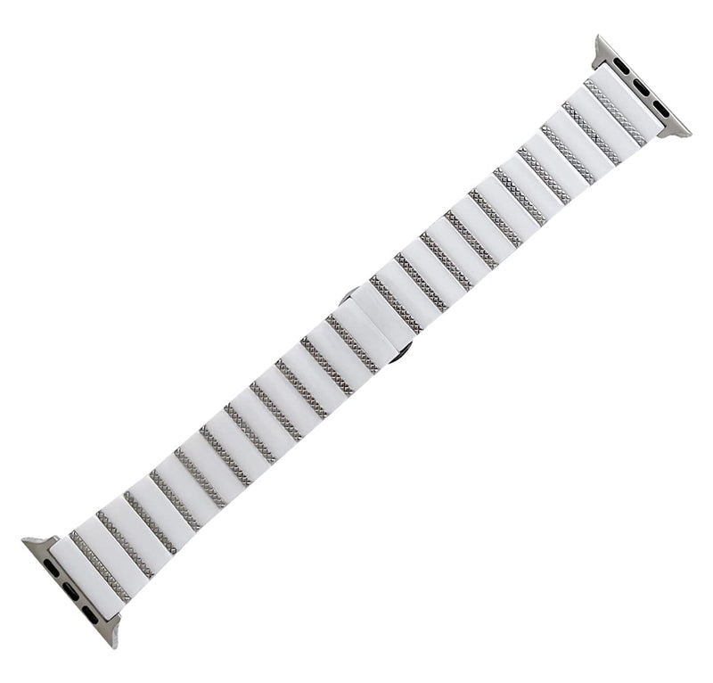 Ceramic Band for Apple Watch 42mm/41mm, Metal Inlay Bracelet, White/Silver | MaKTech 316L Stainless Steel Clasp, Diamond-Shaped Metal Strip, for Apple Watch Series 11/10 42mm, 9/8/7 41mm, SE 3/2/1 40mm 42mm/41mm/40mm