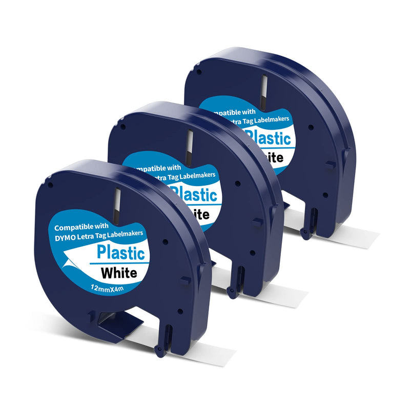[AUSTRALIA] - 3 X 91331 Plastic White Label Tape Replacement for Dymo Letratag Refills 12mm 1/2 x 13 for Letra Tag Label Maker Refills LT100H LT100T QX50 Black on White 
