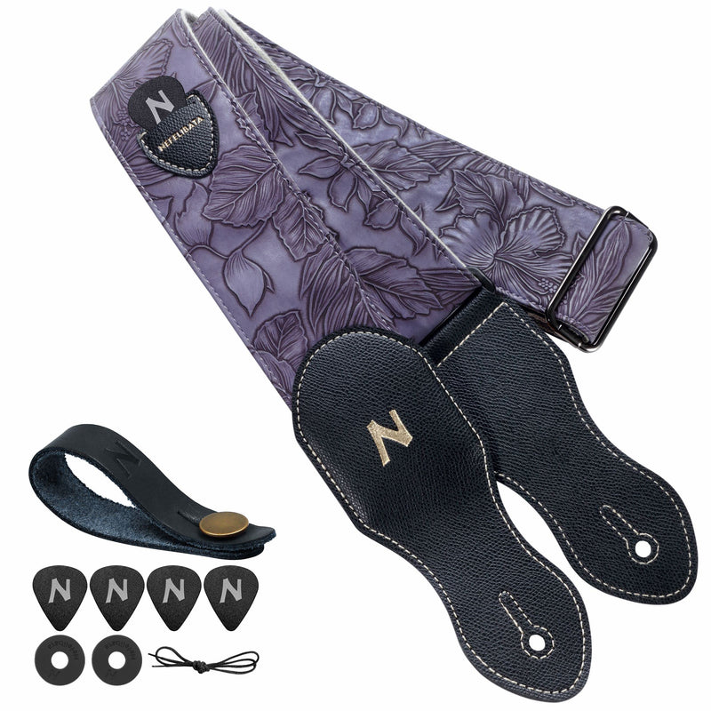 Nefelibata Guitar Strap with Pick Pocket,2.3 inch Porter Style Vegan Leather Carving Guitar Straps,60s Vintage Style (Purple) A# - Purple