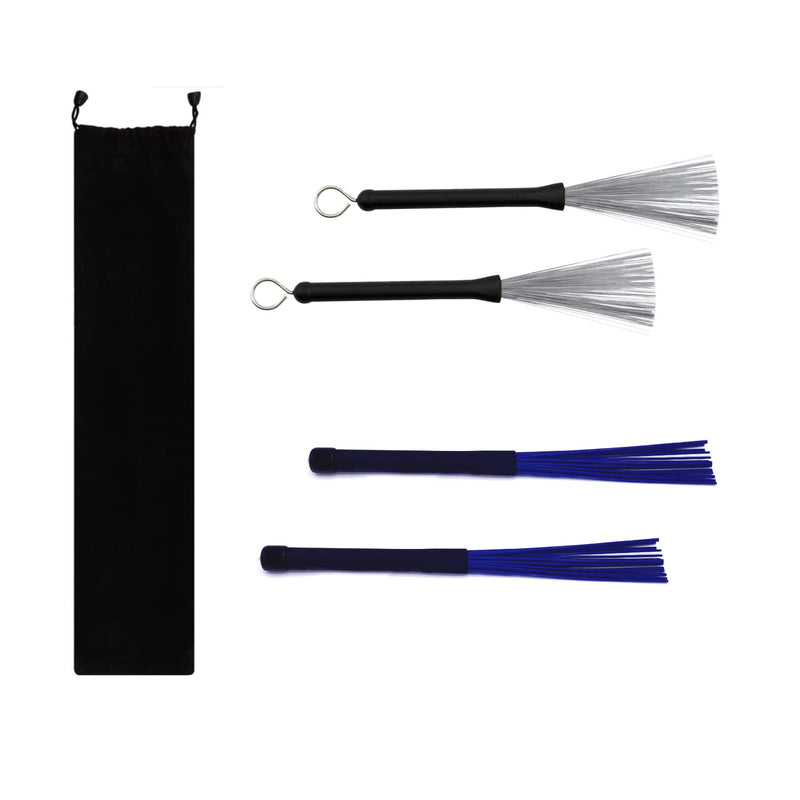 Drum Brushes Set 1 Pair Retractable Wire Brushes and 1 Pair Nylon Brushes Set with Rubber Handles for Cajon Jazz Percussion Accessories