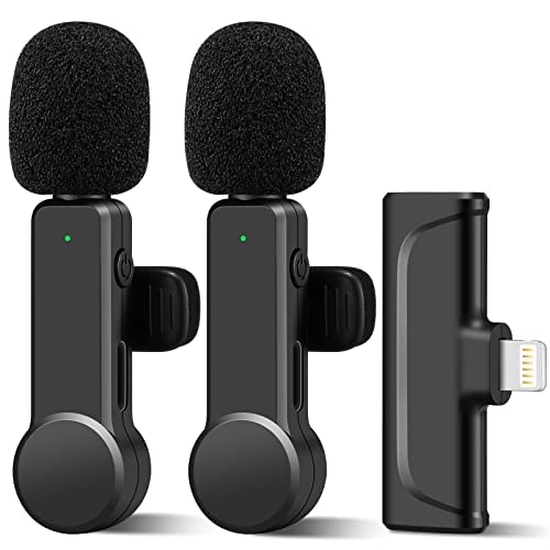 2Pcs Wireless Microphone for iPhone iPad, Plug-Play Wireless Lavalier Microphone for Video Recording, TikTok, YouTube, Vloggers, Auto-Sync Noise Reduction Wireless Lapel Mic
