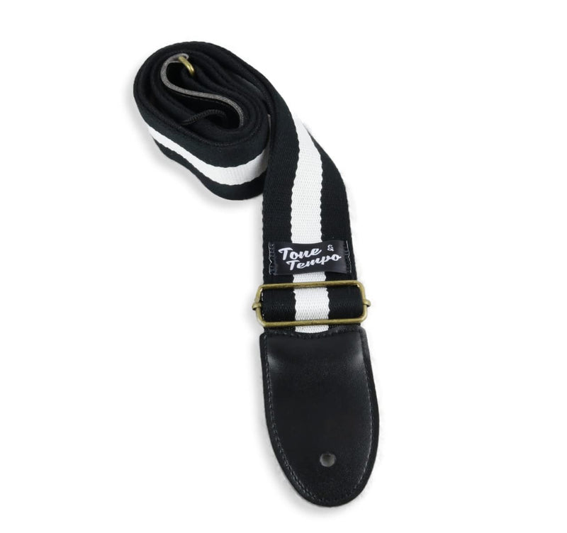 Tone & Tempo Vintage Vegan Guitar Straps Black - White Racing Stripe