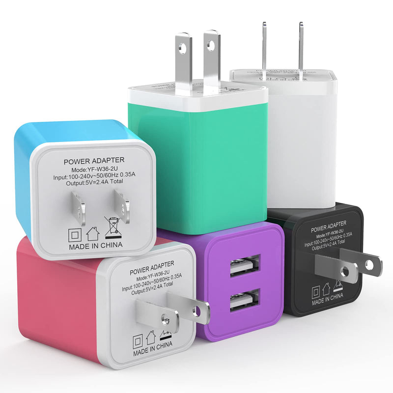 6Pack USB Wall Charger, iGENJUN 2.4A Dual USB Port Cube Power Plug Adapter Fast Phone Charger Block Charging Box Brick for iPhone 15/15 Pro/15 Pro Max/14, Samsung Galaxy, Pixel, LG, Android-Colorful Colorful