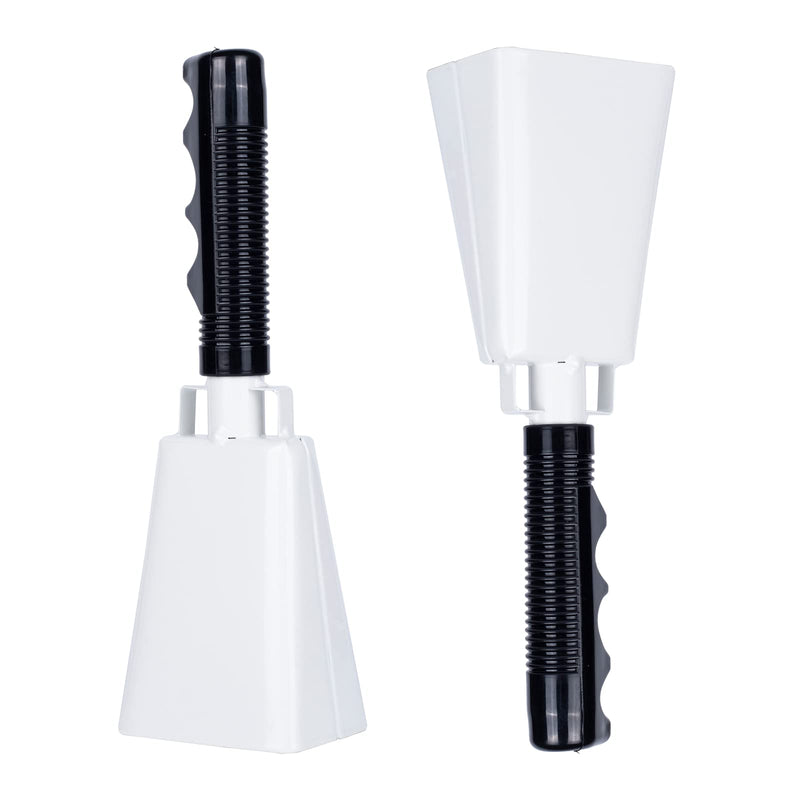 Steel Cowbell with Handle 8 Inch Cow Bells Noise Makers, 2 Pack Large Cowbells for Sporting Events, Hand Percussion Cowbells Cheering Bell for Football Game Party Concert Graduation School (White) White