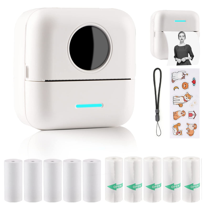 HuiJuKeJi Mini Sticker Printer Bluetooth Smart Pocket Inkless Thermal Printer with 11 Rolls Thermal Paper and Sticker for iOS&Android, Portable Receipt Printer for Photo Journal Notes Memo White