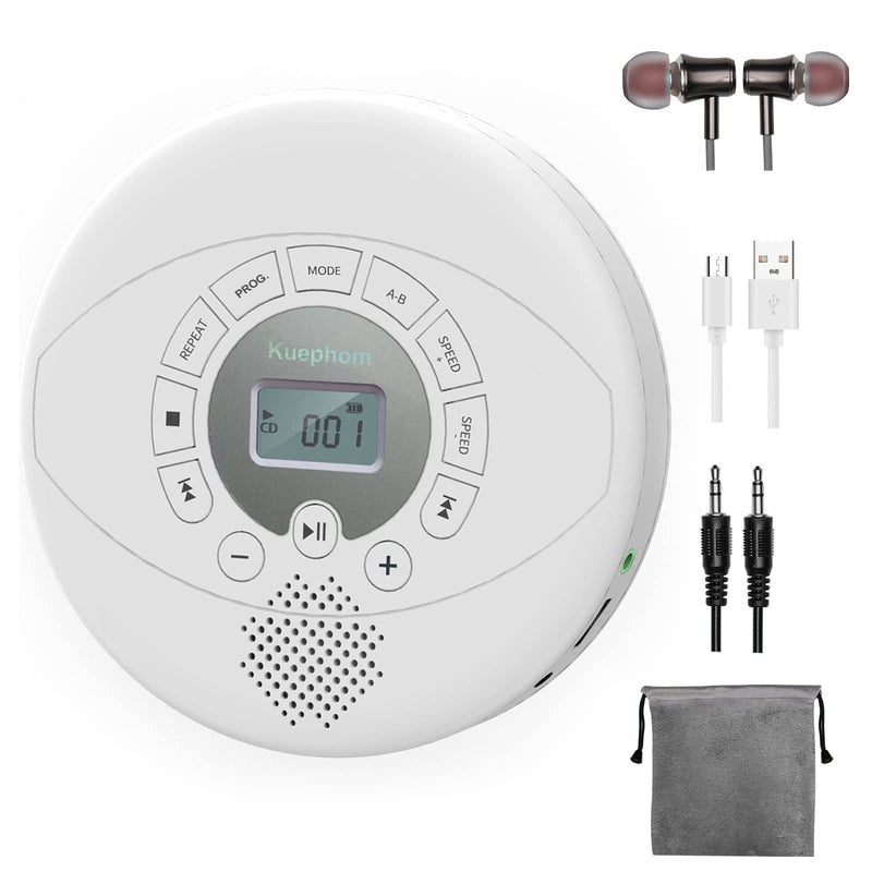 Portable CD Player, KUEPHOM Walkman CD Player with Headphones, Discman with Speaker,Anti-Skip CD Player for Car, Rechargeable 1500mAh, CD,USB disc playable with Memory, AUX in for audiobook, White