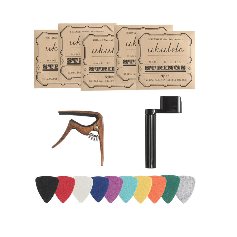 Nylon Ukulele Strings Kit,Include 5 Sets Strings,10 Pieces Ukelele felt picks,Capo and String Winder for Soprano Concert and Tenor Ukele