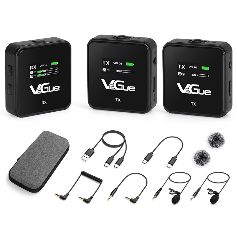 VeGue Wireless Lavalier Microphone System, 2.4GHz Dual Channel Wireless Lapel Mic with Noise Cancellation for DSLR Cameras, Camcorders and Phones, Lavalier Mic for TikTok, Interview and Recording Black