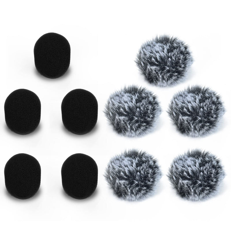 Cubilux Furry Windscreen & Foam Cover Set for Lavalier Lapel Microphone, Wind Muff & Dead Cat Set for Mini MIC, Windshield, Windjammer for Lav MIC, 5-Pack of Each Foam & Furry Cover, 5-Pack of Each