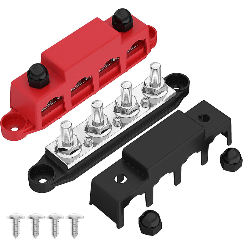 Joinfworld 250A 12V Bus Bar 3/8" Power Distribution Block 4 Studs Junction Block Automotive Marine Battery Busbar Terminal Block 12 Volt with Cover - Negative&Positive 3/8"