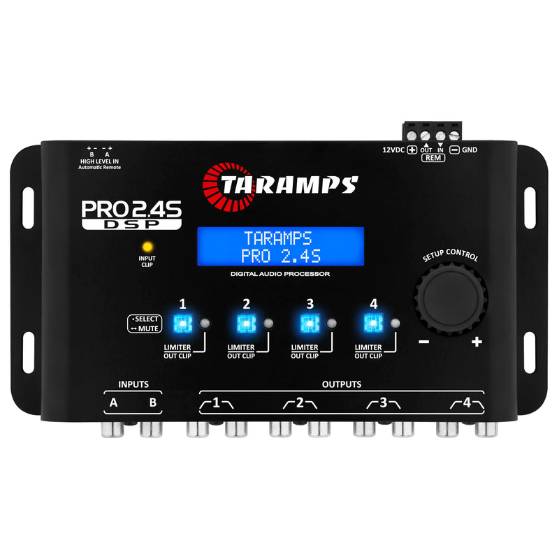 Taramps PRO 2.4S Car Audio DSP Equalizer 4 Channel Digital Crossover | Automotive DSP with 15-band EQ, active crossover, delay alignment, RCA & High-Level inputs for precise sound tuning. Black