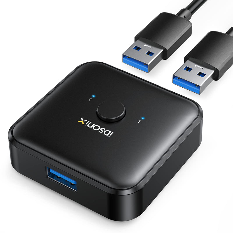 IDsonix USB 3.0 Switch 2 Computers Share 1 Device,1 in 2 Out Or 2 in 1 Out Bi-Directional for Printers/Keyboards/Mice, 5Gbps Plug and Play Switcher, 2pcs A to A 3.3ft Cables,Plastic,Black ABS