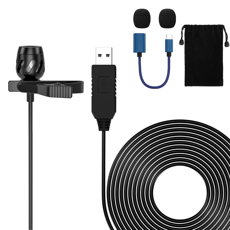 USB Lavalier Microphone 23 FT USB C Omnidirectional Lapel Clip on Mic for Computer, PC, Laptop, Mac, Smartphone, YouTube, Tiktok, Recording, Podcasting, Gaming, Interview 7m