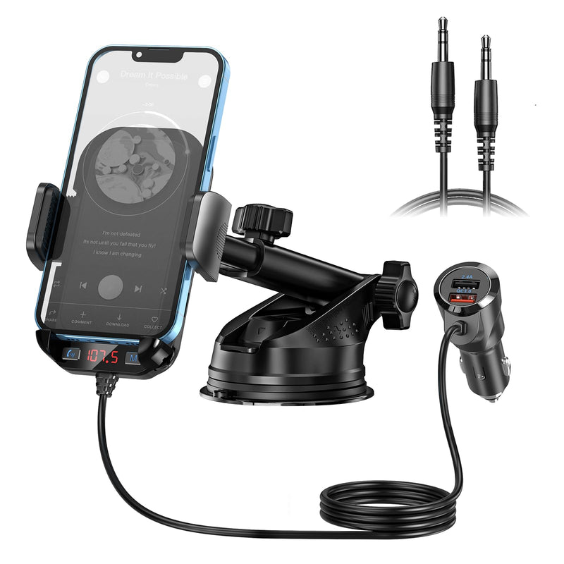 [AUSTRALIA] - Bluetooth Car Adapter 3 in 1 FM Transmitter Car Radio Bluetooth Transmitter with Phone Holder, QC3.0 Fast Charging, Strong Microphone, HiFi Bass Sound, Hands-Free Call, Support USB/TF Drive Black 