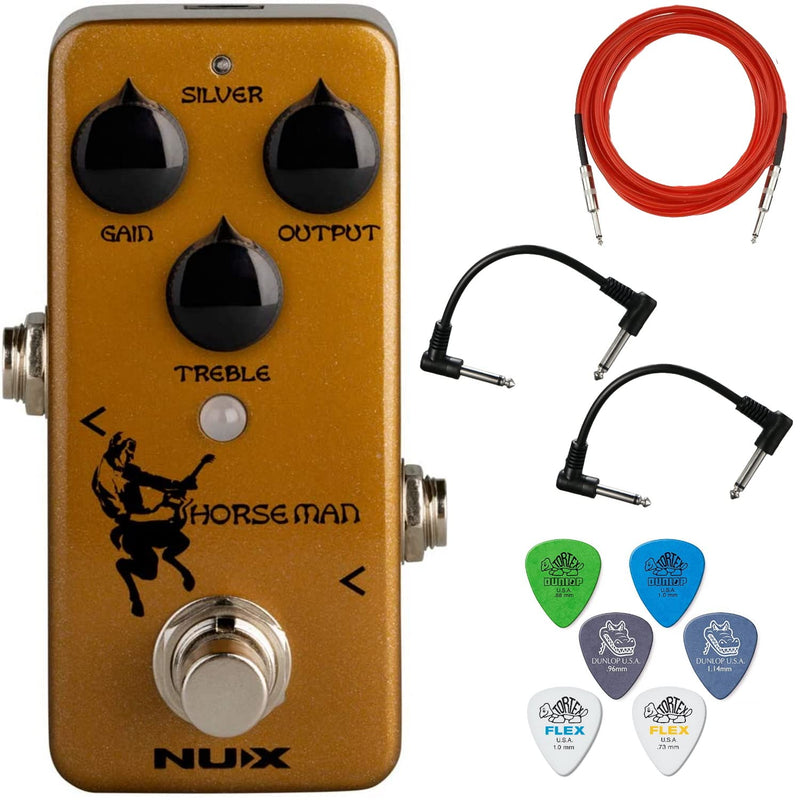 Briskdrop NUX Horseman Overdrive Guitar Effect Pedal Bundle with Instrument Cable, 2 Patch Cables, and 6 Dunlop Picks, Assorted,Gold,Transparent,Silver