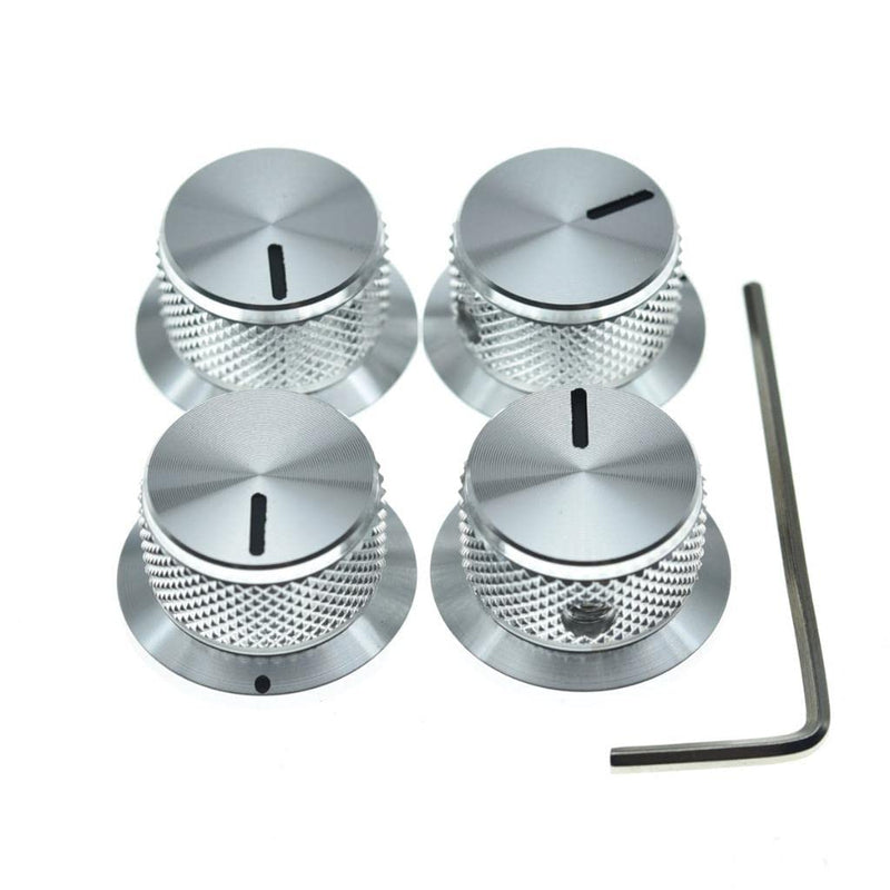 4-Pack Set Screw Style Aluminium Potentiometer Knobs 1/4" Universal Top Hat Knobs Bell Volume Tone Control Knobs for Guitar/Bass/AMPS/Preamps Silver Pack of 4 Silver with Indicator-3