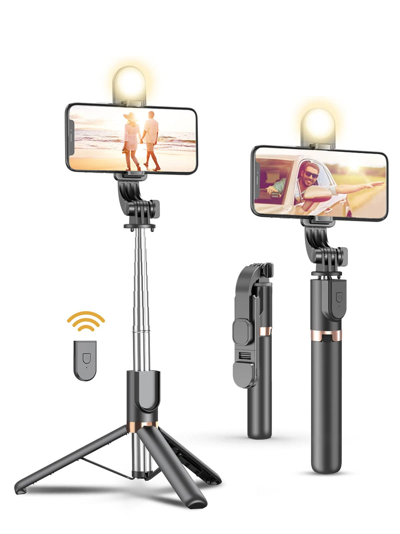 [AUSTRALIA] - Selfie Stick Tripod with Detachable Wireless Remote, Extendable Selfie Stick Tripod with LED Fill Light, for iPhone 13/13 Pro/12/11/11 Pro/XS Max/XS/XR/X/8/7 and Android Smartphone Black-46in 