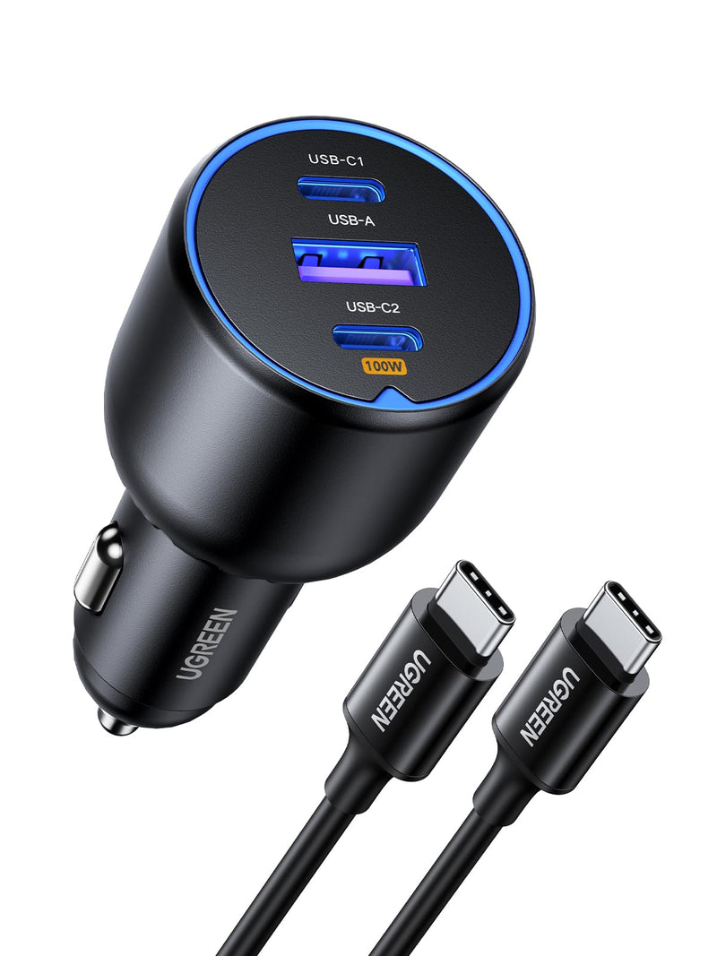 UGREEN 130W USB C Car Charger with Cable, Type C Cigarette Lighter Adapter | 2 USB-C 1 USB-A, Compatible with iPhone 17 Air 17 Pro 17 Pro Max 16 15 14 13 12, Galaxy S25 S24 S23 Ultra, iPad, MacBook Normal