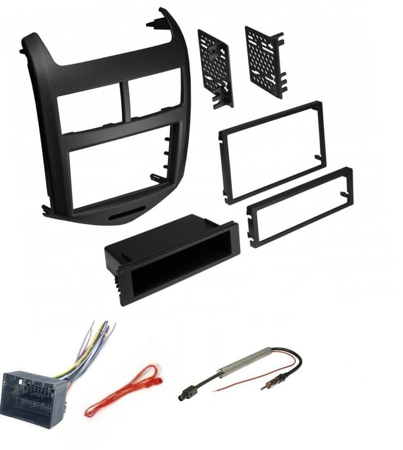 Grey Car Stereo Radio Install Dash Trim Kit, Wire Harness, and Antenna Adapter Combo Made for 2012 2013 2014 2015 2016 Chevrolet Sonic