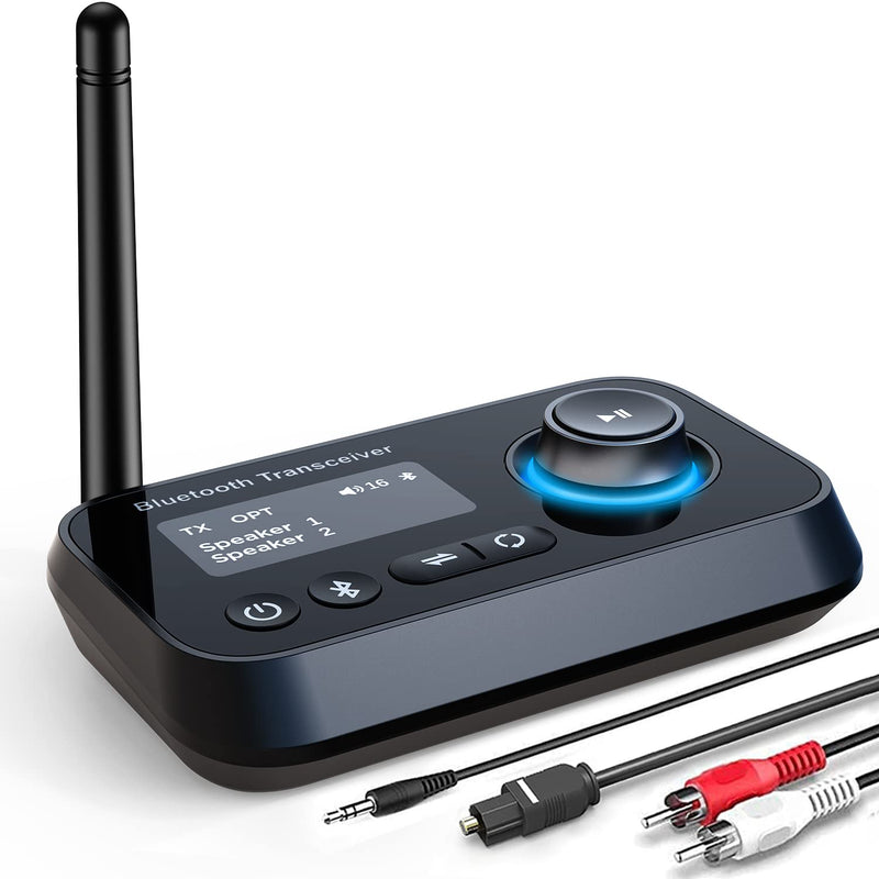 Bluetooth Transmitter Receiver 3-in-1 Bluetooth 5.0 Audio Adapter for 2 Headphones With Bypass Volume Control Low Latency Long Range LCD Display ON/OFF Optical AUX RCA for TV Home Stereo Speaker Type A