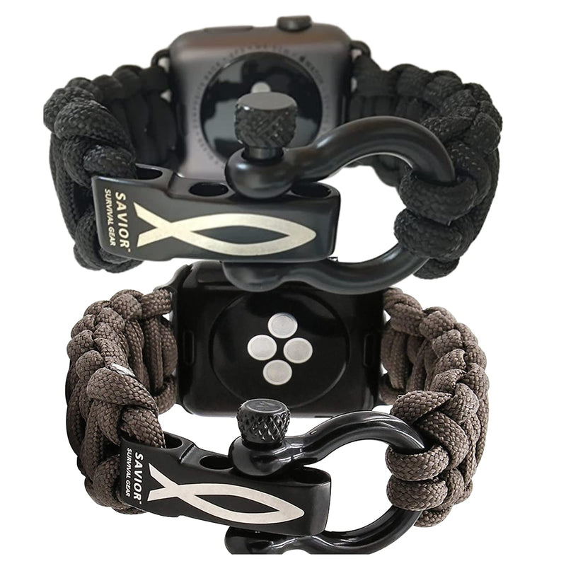 Savior Survival Gear Paracord Watch Band (2 Pack) Compatible with Apple Watch & iWatch Bands Series 42mm 44mm 45mm, 550 Paracord & Stainless Steel Shackle, Adjustable Straps, Gray & Black, Large