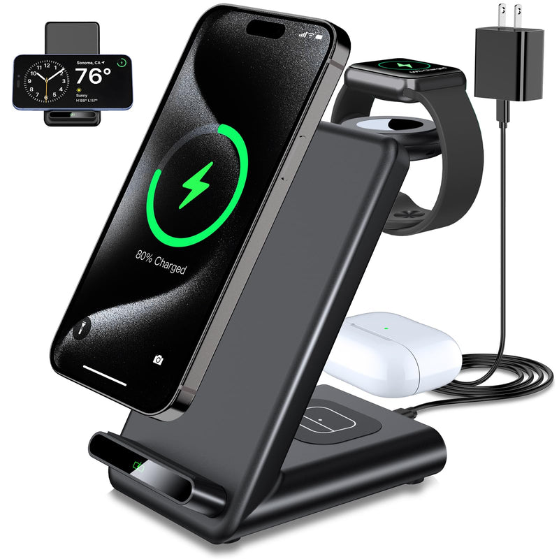 Wireless Charging Station,3 in 1 Wireless Charging Stand Made for Apple Watch Ultra 9 8 7 6 SE 5 4 3,Fast Wireless Charger Made for iPhone 15/Plus/Pro Max/14/13/12/11/X,for AirPods Pro(with Adapter) Black