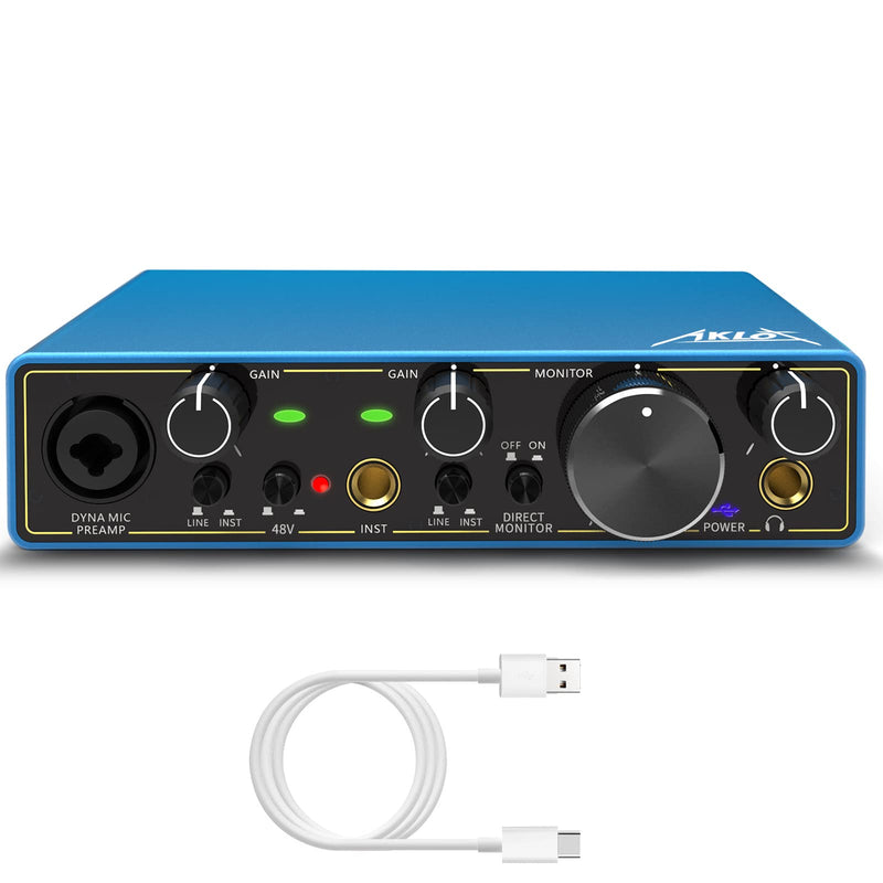 USB Audio Interface, AKLOT Xrl Audio Interfaces, for the Guitarist, Vocalist, Podcaster or Producer, 24-bit/192 kHz High-Fidelity, Studio Quality Recording, 2 In 2 Out Audio Interfaces for PC/Win/Mac 2In-2Out Blue