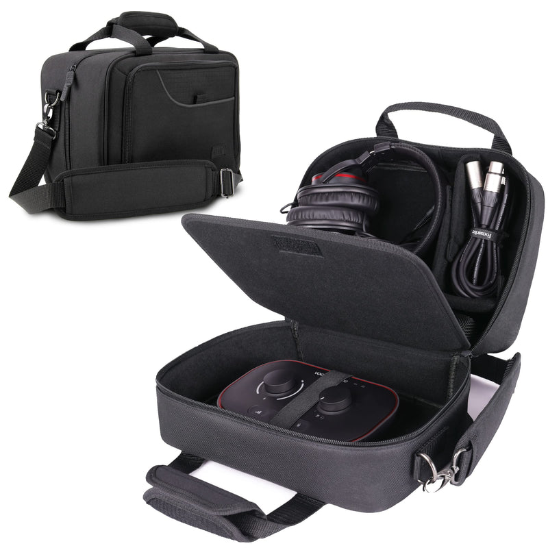 USA GEAR Podcast Equipment Case - Audio Interface Case Compatible with Focusrite Vocaster One Studio and More Studio Equipment - Customizable Interior, Shoulder Strap, and Padded Interior - Black