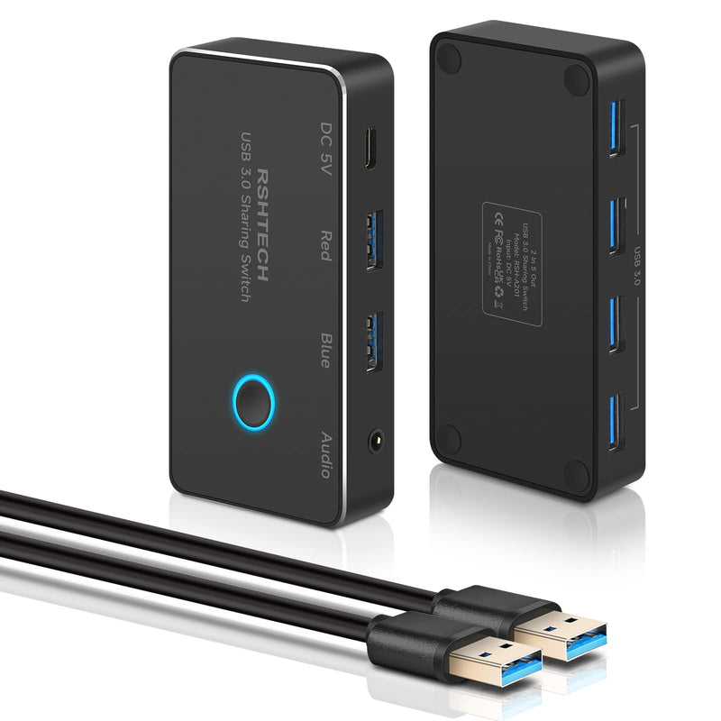 RSHTECH USB 3.0 Switch Selector with 4 USB-3.0 Ports, 3.5mm Audio Jack | 2 Computers Sharing 5 Peripheral Devices, Aluminum USB Switcher Hub with 2 USB Cable for Keyboard, Mouse, Printer RSH-A201