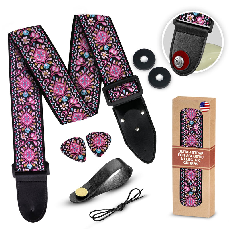 Art Tribute Guitar Strap For Acoustic, Electric and Bass Guitar, Adjustable Pink Woven Strap W/FREE BONUS 2 Picks + Strap Locks + Strap Button. Gift Set For Men & Women Guitar Players Non Personalized