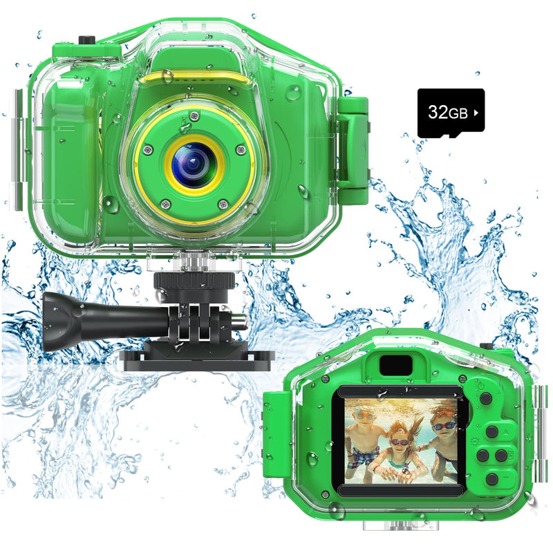 [AUSTRALIA] - Agoigo Kids Waterproof Camera Toys for 3-12 Year Old Boys Girls Christmas Birthday Gifts HD Children's Digital Action Camera Child Underwater Sports Camera 2Inch Screen with 32GB Card (Green) Green 