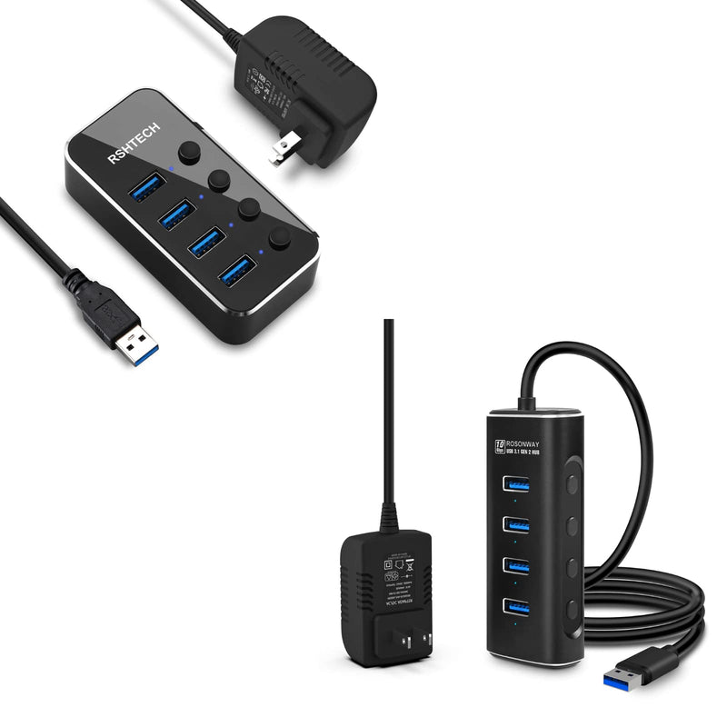 RSHTECH 4 Port Powered USB 3.0 Hub with 5V Adapter + ROSONWAY 4 Ports USB 3.1 Gen 2 Hub 10Gbps with 5V Power Adapter