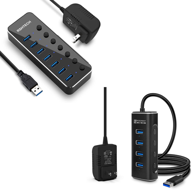 RSHTECH 7 Port Powered USB 3.0 Hub with 5V Adapter + ROSONWAY 4 Ports USB 3.1 Gen 2 Hub 10Gbps with 5V Power Adapter