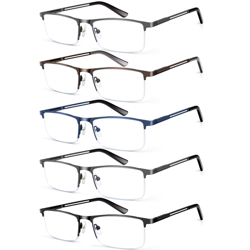 Blue Light Blocking Reading Glasses for Men, Half Frame Metal Readers Spring Hinge Eyeglasses Anti Eyestrain/Glare/UV 5 Pack Mix Color 1.5 x