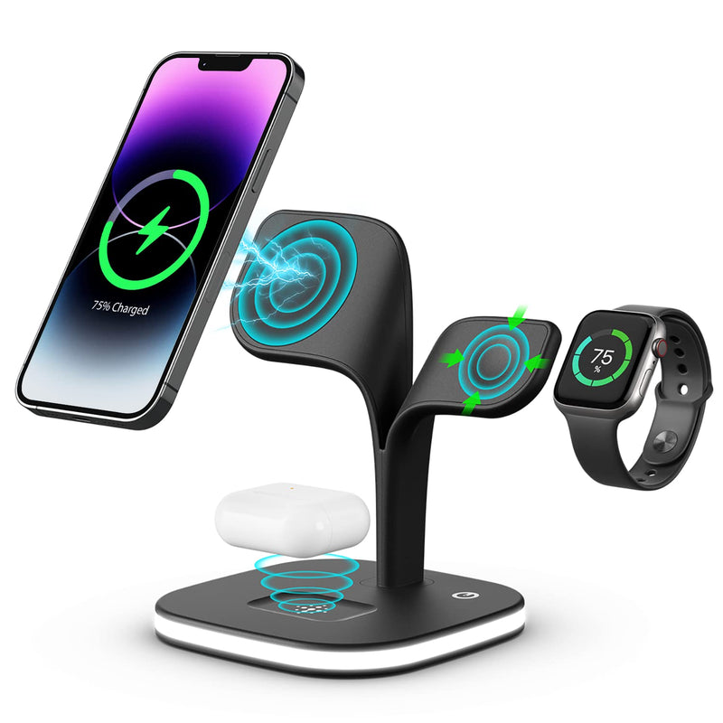 Magnetic Charging Station, EXW 5 in 1 Faster Mag-Safe Wireless Charger Stand for iPhone 14,13,12 Pro/Max/Mini/Plus, Apple Watch 8/7/6/SE/5/4/3/2 and Airpods 3/2/Pro/Pro 2 with LED and Adapter (Black) Black