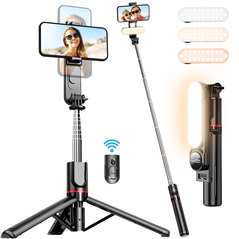 Stable Selfie Stick Tripod with Fill Light, 44 Inch Extendable Selfie Stick with Wireless Remote and Tripod Stand 360 Rotation for iPhone 13/12/11 Pro/XS Max/XS/XR/X/8/7, Samsung and Smartphone With Light