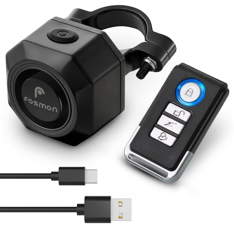 Fosmon USB-C Rechargeable Bike Alarm with Remote, IP55 Waterproof Wireless 110dB Loud Anti-Theft Vibration Motion Sensor Vehicle Tracker Alarm Security System for Bicycle, E-Bike, Motorcycle, Scooter 1 Pack - 110dB IP55