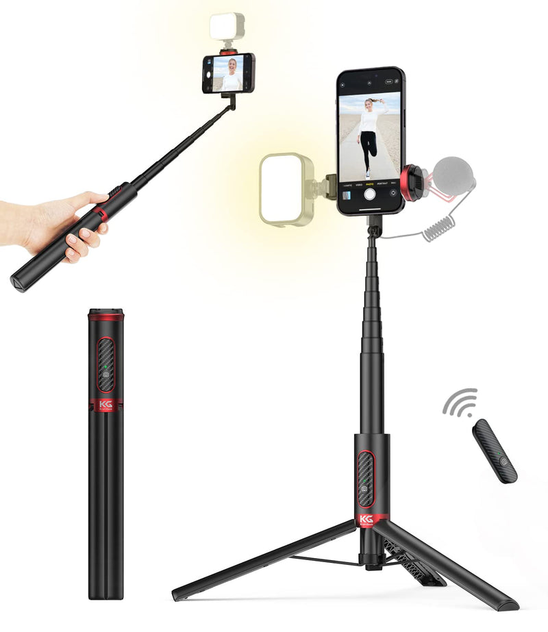 [AUSTRALIA] - KraftGeek Tripod for Phone Selfie Stick Tripod with Remote for iPhone, Android Phones with 2 Cold Shoes for Light and Microphone(not Included), Extendable to 5 Feet, Made of Aluminum Black & Red 